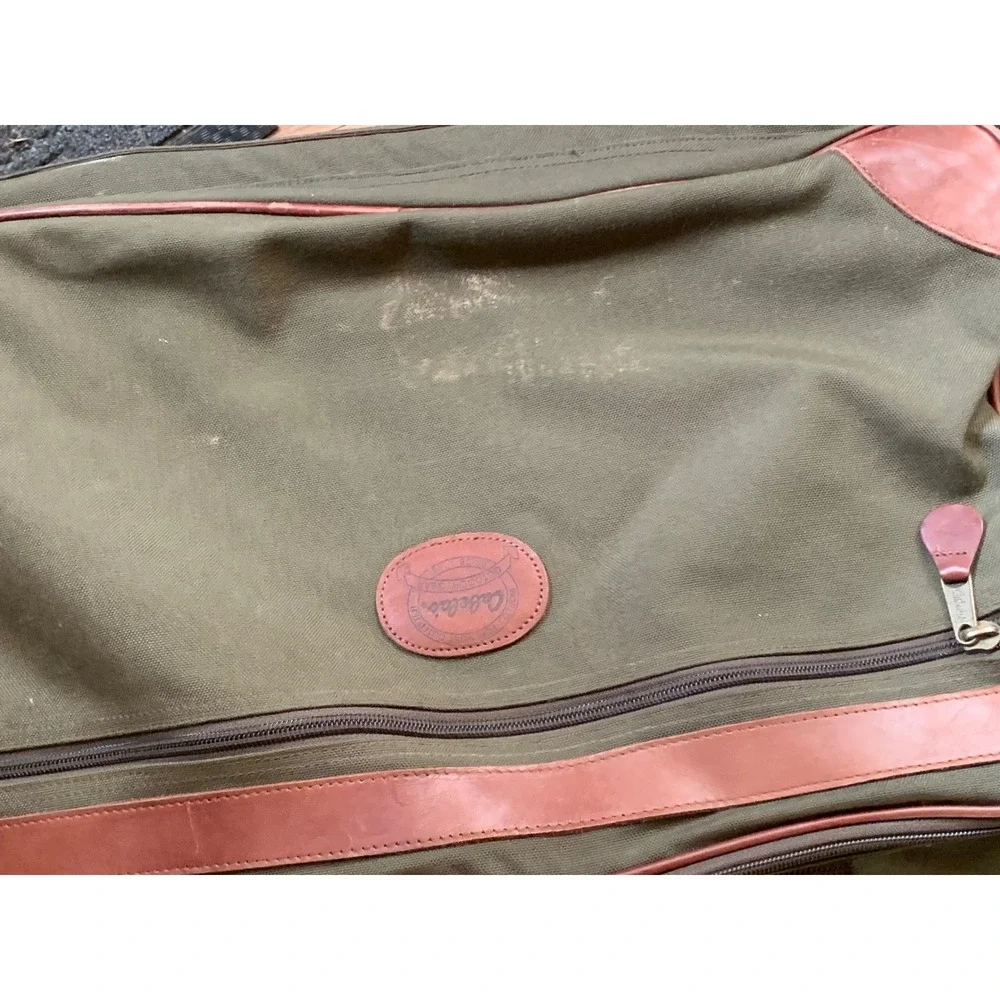 Vintage Cabela's Large Duffle Bag Olive Green Canvas Leather Trim Hunting Travel